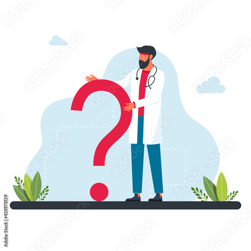 The doctor stands in front of large question mark. Questions to doctor about disease, online consultation, faq. Ask the doctor. Doctor, medical professional is standing in front a question mark.