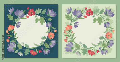 Summer flowers in flat style - set of frame Vector card, poster, banner, template. Hello spring and summer. Spring mood. 