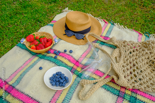 summer picnic in the park. still life with ripe strawberries in plate, straw hat, sunglasses, knitted bag, empty glasses, blueberries on checkered plaid on grass. top view