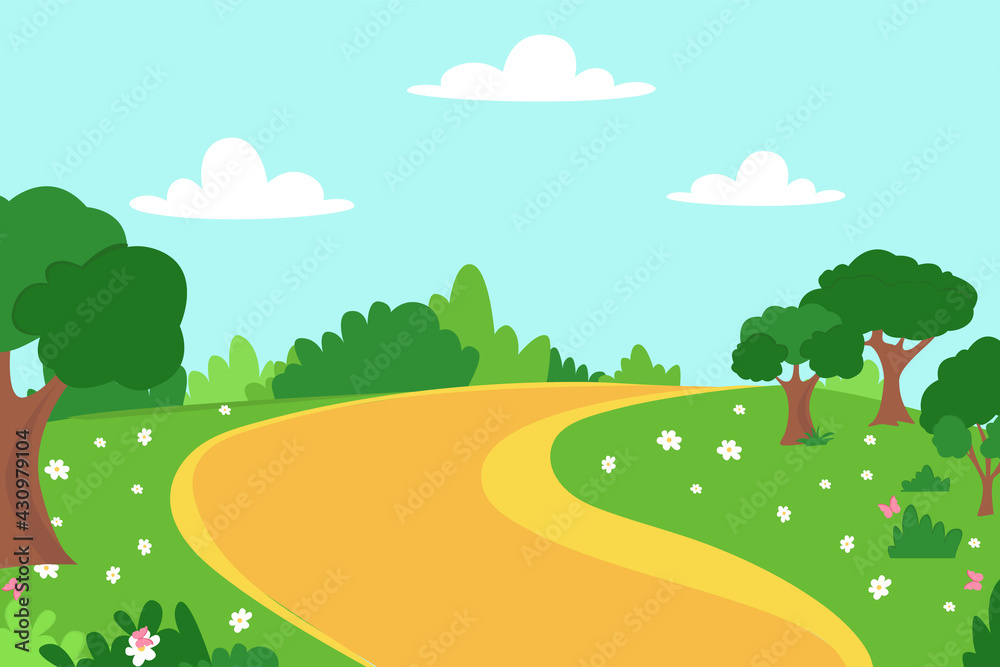 Spring landscape with trees, fields, flowers and butterfly. Vector illustration.Для Интернета