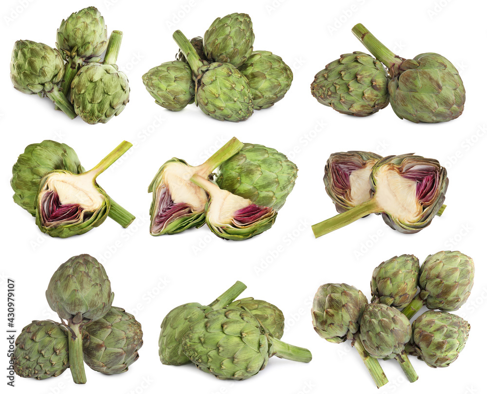 Set with fresh raw artichokes on white background Set with fresh raw artichokes on white background