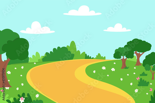 Spring landscape with trees  fields  flowers and butterfly. Vector illustration.                         
