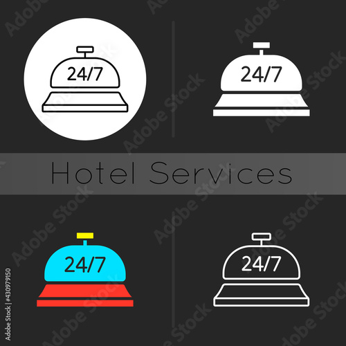 24 hour concierge service dark theme icon. Person who takes charge of all arrangements and solves any issues. Linear white, simple glyph and RGB color styles. Isolated vector illustrations