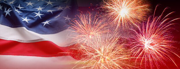 American flag and fireworks, banner design. Independence Day of USA