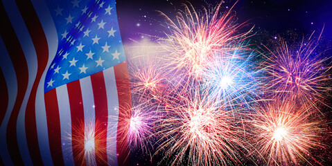 American flag and fireworks, banner design. Independence Day of USA