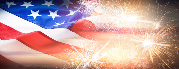 American flag and fireworks, banner design. Independence Day of USA