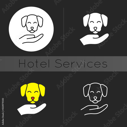 Pet friendly dark theme icon. Hotels which offer range of amenities designed to pet owners and their little friends. Linear white, simple glyph and RGB color styles. Isolated vector illustrations