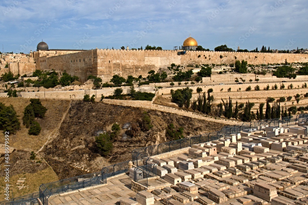 Old City Wall, Al Aqsa Mosque and Dome of the Rock at Temple Mount. Jerusalem. Israel.