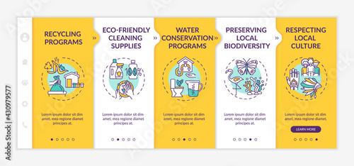 Green hotel features onboarding vector template. Responsive mobile website with icons. Web page walkthrough 5 step screens. Recycling programs color concept with linear illustrations