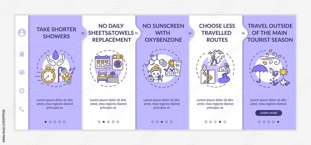 Sustainable tourism ideas onboarding vector template. Responsive mobile website with icons. Web page walkthrough 5 step screens. Take shorter showers color concept with linear illustrations