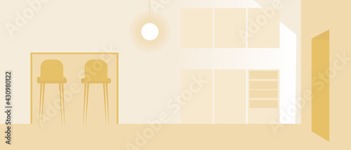 Kitchen and nobody, template for overlay, flat vector stock illustration with monochrome interior with bar stools and table top