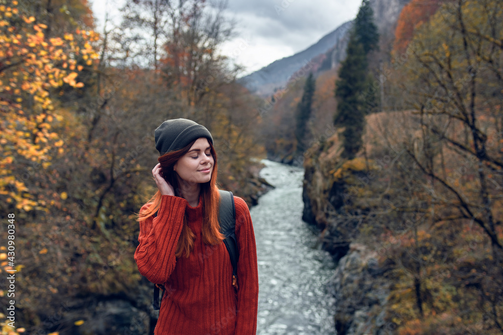 woman hiker travels mountains rivers fresh air nature