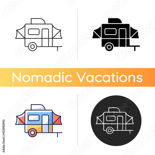 Pop up camper icon. Campground for tourist to rest. Recreational vehicle. Roadtrip gear. Nomadic lifestyle. Summer vacation. Linear black and RGB color styles. Isolated vector illustrations