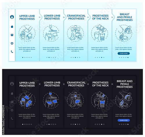 Artificial extremities onboarding vector template. Responsive mobile website with icons. Web page walkthrough 5 step screens. Neck, breast implants night mode concept with linear illustrations