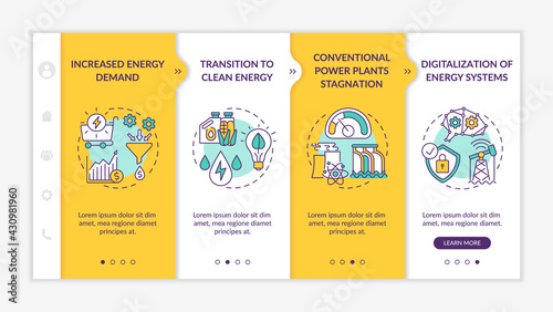Power engineering trends onboarding vector template. Responsive mobile website with icons. Web page walkthrough 4 step screens. Energy demand, digitalization color concept with linear illustrations