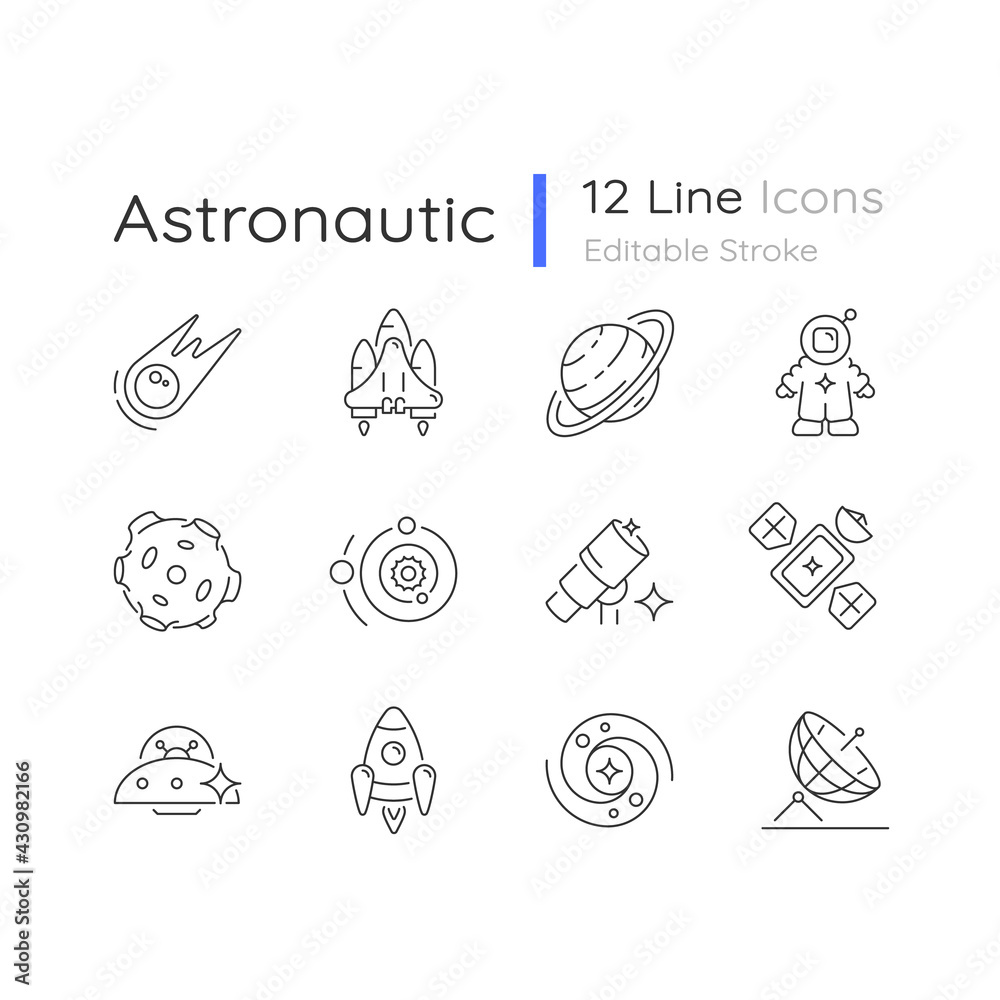 Astronautic linear icons set. Space body which when passing sun warms and begins to burn. Customizable thin line contour symbols. Isolated vector outline illustrations. Editable stroke