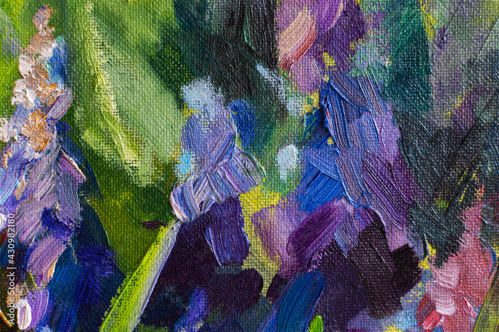 Naklejka premium Abstract multi-colored art background with oil paints. Modern hand-made design on canvas with a brush. Modern picturesque spring background for websites. Delicate shades of blue, green, purple, pink