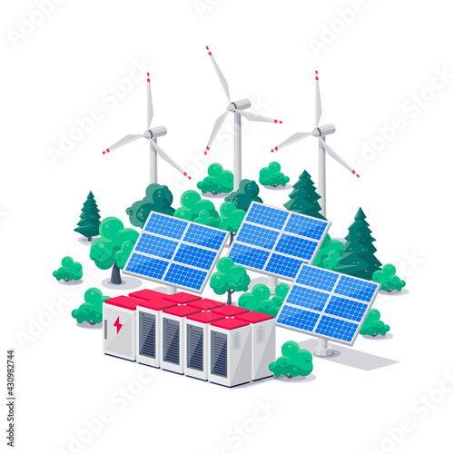 Renewable energy electric power station smart grid system. Isolated vector illustration of photovoltaic solar panels, wind turbines and lithium-ion battery energy storage for off-grid backup on white.