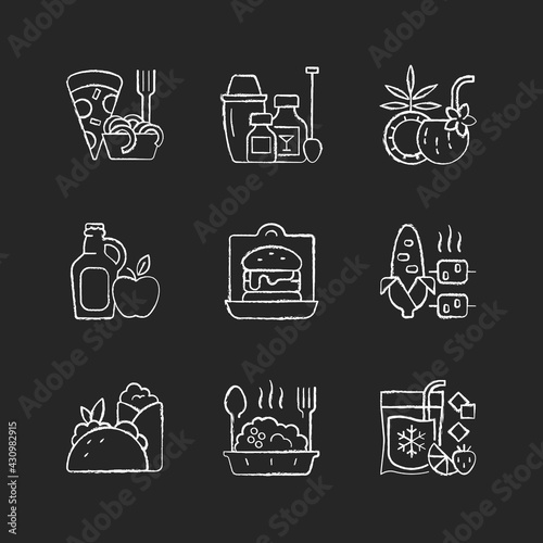 Pickup and delivery option chalk white icons set on black background. Pizza, pasta. Cocktail kits. Pina colada. Cider, apple juice. Sandwiches, burgers. Isolated vector chalkboard illustrations