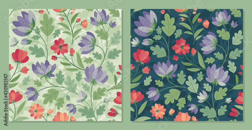 Summer flowers in flat style - set of seamless pattern. Vector Background for fabric, textile, wallpaper, poster, web site, card, gift wrapping paper 