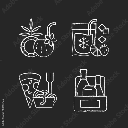 Pickup and delivery option chalk white icons set on black background. Coconut cocktail. Frozen beverage. Pizza and pasta. Alcoholic drinks. Pina colada. Isolated vector chalkboard illustrations