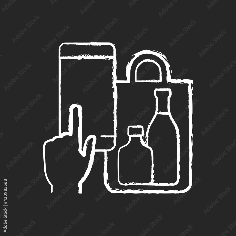 Phone drinks ordering chalk white icon on black background. Click-and-collect option. Delivery from bar, restaurant and pub. Mobile-based ordering system. Isolated vector chalkboard illustration Phone drinks ordering chalk white icon on black background. Click-and-collect option. Delivery from bar, restaurant and pub. Mobile-based ordering system. Isolated vector chalkboard illustration