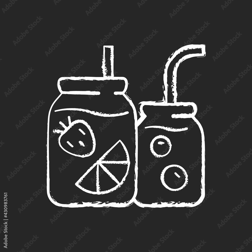 Fruit-infused water bottle chalk white icon on black background. Sliced fruits and vegetables in glass jar. Healthy, refreshing beverage. Chopped-up fruits. Isolated vector chalkboard illustration Fruit-infused water bottle chalk white icon on black background. Sliced fruits and vegetables in glass jar. Healthy, refreshing beverage. Chopped-up fruits. Isolated vector chalkboard illustration