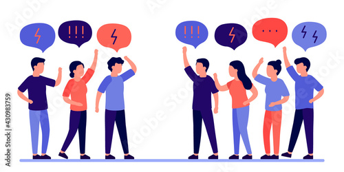 Group people in conflict quarrel and arguing. Disagreement of people in discussion, scream, abuse and bully. Vector flat illustration