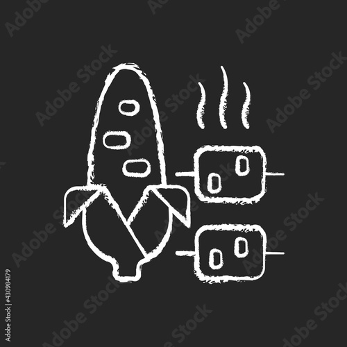Boiled and grilled corn chalk white icon on black background. Summery side dish. Barbecue, popcorn. Nutritious meal. Sweetcorn. High fibre content. Isolated vector chalkboard illustration