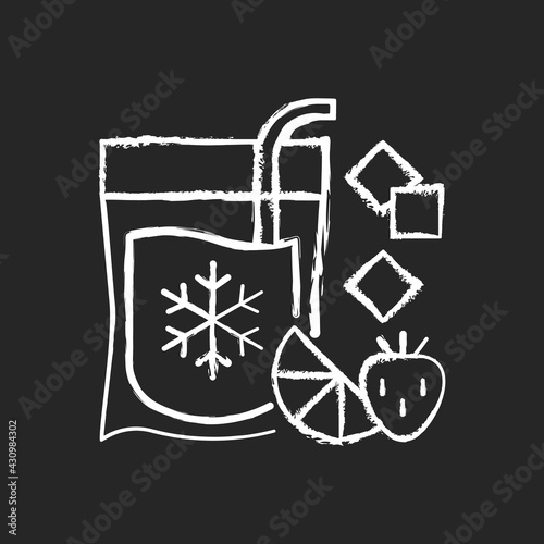 Slushy drinks-to-go chalk white icon on black background. Frozen carbonated beverage. Blended drinks with ice and fruits. Slushie. Strawberry, citrus flavor. Isolated vector chalkboard illustration