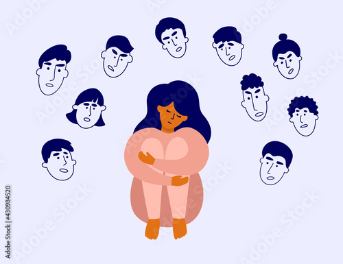 Sad girl surrounded by human heads with angry faces. Censure, crowd victim, blame, bullying. Feel of shame. Judgement, boundaries violation. Depressed woman sitting hugging knees. Vector illustration