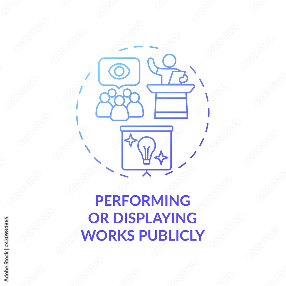 Performing and displaying works publicly concept icon. Exclusive author right idea thin line illustration. Showing, broadcasting audiovisual work publicly. Vector isolated outline RGB color drawing Performing and displaying works publicly concept icon. Exclusive author right idea thin line illustration. Showing, broadcasting audiovisual work publicly. Vector isolated outline RGB color drawing