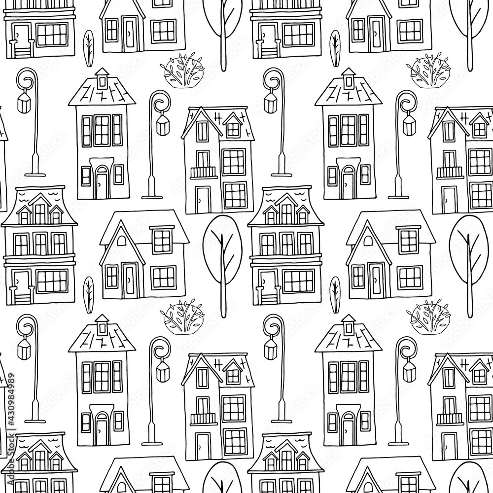 Vector seamless pattern with the image of vintage monochrome houses, street lamps and plants. Design for printing postcards, posters, flyers