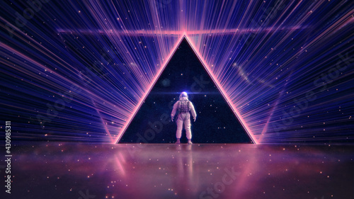 NEON LIGHT PYRAMID & ASTRONAUT ::: futuristic abstract cosmic space triangle   mystery universe concept in a retro glowing synthwave style   3D Render Illustration 8K © Jacqueline Weber