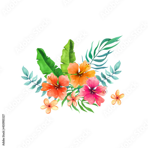 Hand drawn watercolour tropical flowers and leaves bouquet.