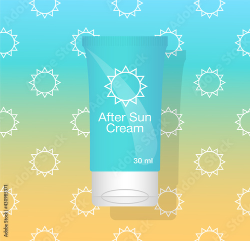 After sun lotion cream tube icon. SPF moisturizing sunscreen face cream cosmetic. Aloe vera after sun aquamarine lotion package on gradient background. Cosmetics tube design. Flat vector illustration.