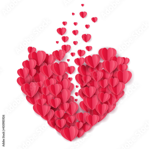 Lots of paper hearts make up hearts but they are breaking, Broken love concept, Paper art and digital craft style