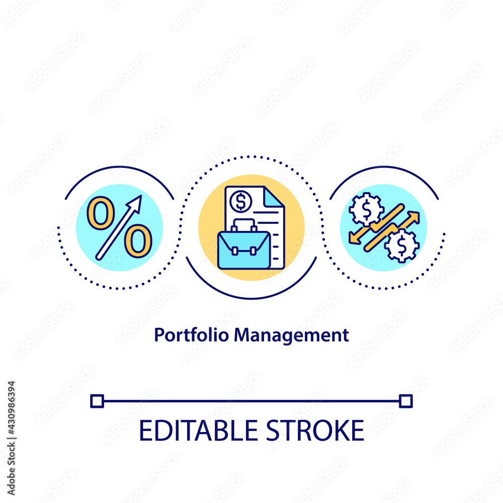 Naklejka premium Portfolio management concept icon. Increasing amout of financial assets. Earning money with investing idea thin line illustration. Vector isolated outline RGB color drawing. Editable stroke