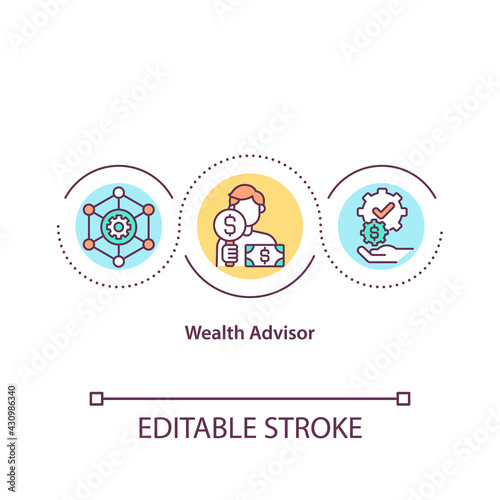 Wealth advisor concept icon. Giving advices about how become rich person. Gaining experience in earning money idea thin line illustration. Vector isolated outline RGB color drawing. Editable stroke