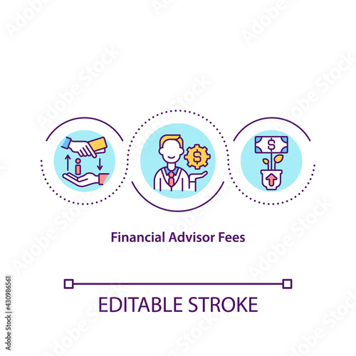 Financial advisor fees concept icon. Earning money from planning clients spendings. Finance controlling idea thin line illustration. Vector isolated outline RGB color drawing. Editable stroke