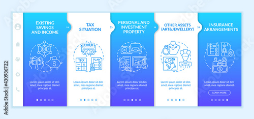 Extensive wealth plan elements onboarding vector template. Responsive mobile website with icons. Web page walkthrough 5 step screens. Existing savings, income color concept with linear illustrations