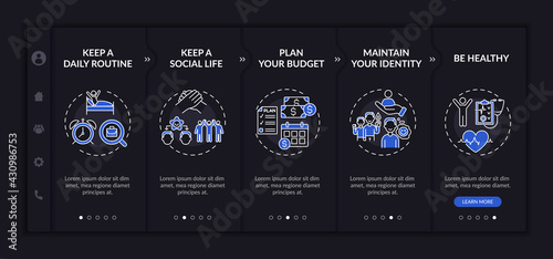 Job transition tips onboarding vector template dark theme. Responsive mobile website with icons. Web page walkthrough 5 step screens. How be successful night mode concept with linear illustrations