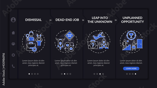 Job transition reasons onboarding vector template dark theme. Responsive mobile website with icons. Web page walkthrough 5 step screens. Night mode concept with linear illustrations