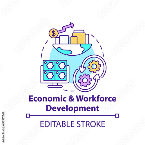 Economic and workforce development concept icon. Technology improvement. Financial management. Digital inclusion idea thin line illustration. Vector isolated outline RGB color drawing. Editable stroke