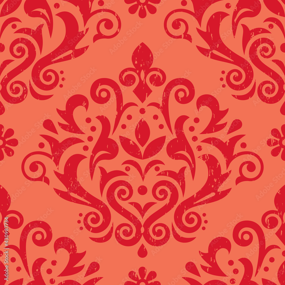 Damask retro scratched vector seamless pattern, victorian red textile or fabric print design with flowers, swirls and leaves
Damask retro scratched vector seamless pattern, victorian red textile or fabric print design with flowers, swirls and leaves