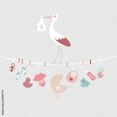 Bunter Storch Auf Wäscheleine Babysymbole Mädchen Rosa Mintgrün Grau