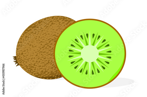 Whole kiwi fruit with half of it, sliced segment on a white background