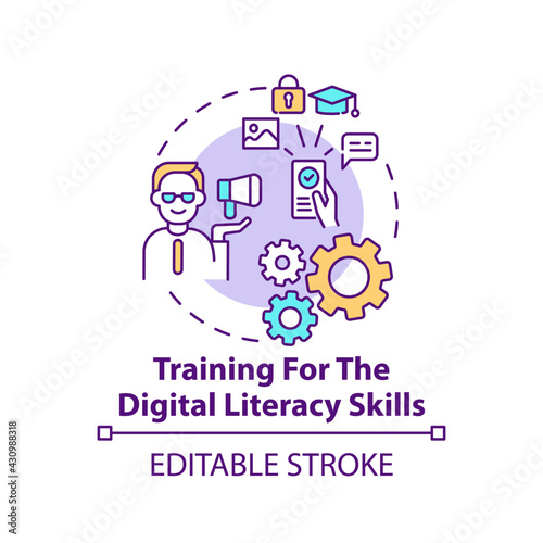 Training for the digital literacy skills concept icon. Navigating social media cyberspace. Digital inclusion idea thin line illustration. Vector isolated outline RGB color drawing. Editable stroke
