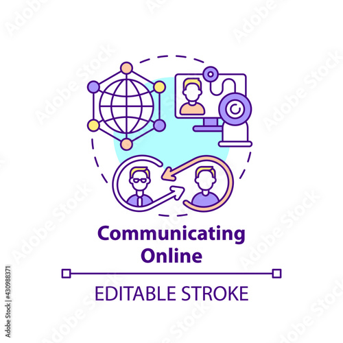 Communicating online concept icon. Internet chat. Remote meeting. Global communication. Digital inclusion idea thin line illustration. Vector isolated outline RGB color drawing. Editable stroke