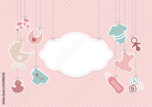 Karte Hängende Babysymbole Mädchen Mit Wolke Punkte Rosa Mintgrün